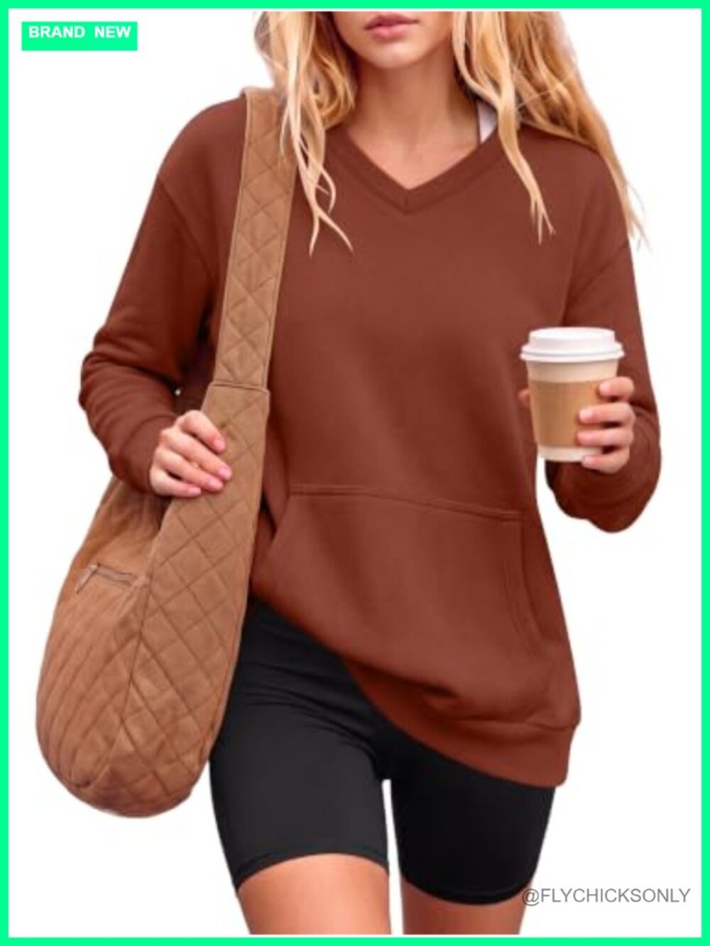 V Neck Long Sleeve Sweatshirt Loose Fit Kangaroo Pocket